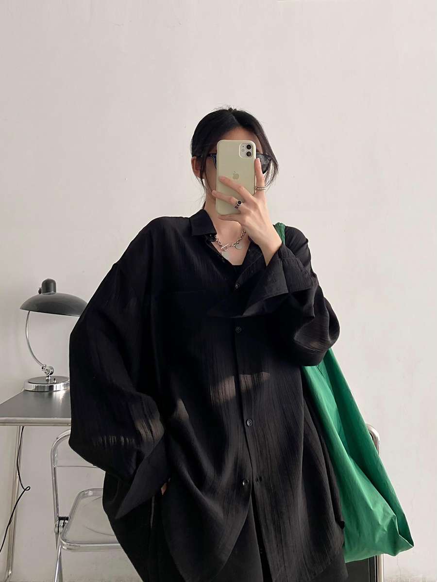 黒色ゆったりオーバーサイズシャツワンピース
