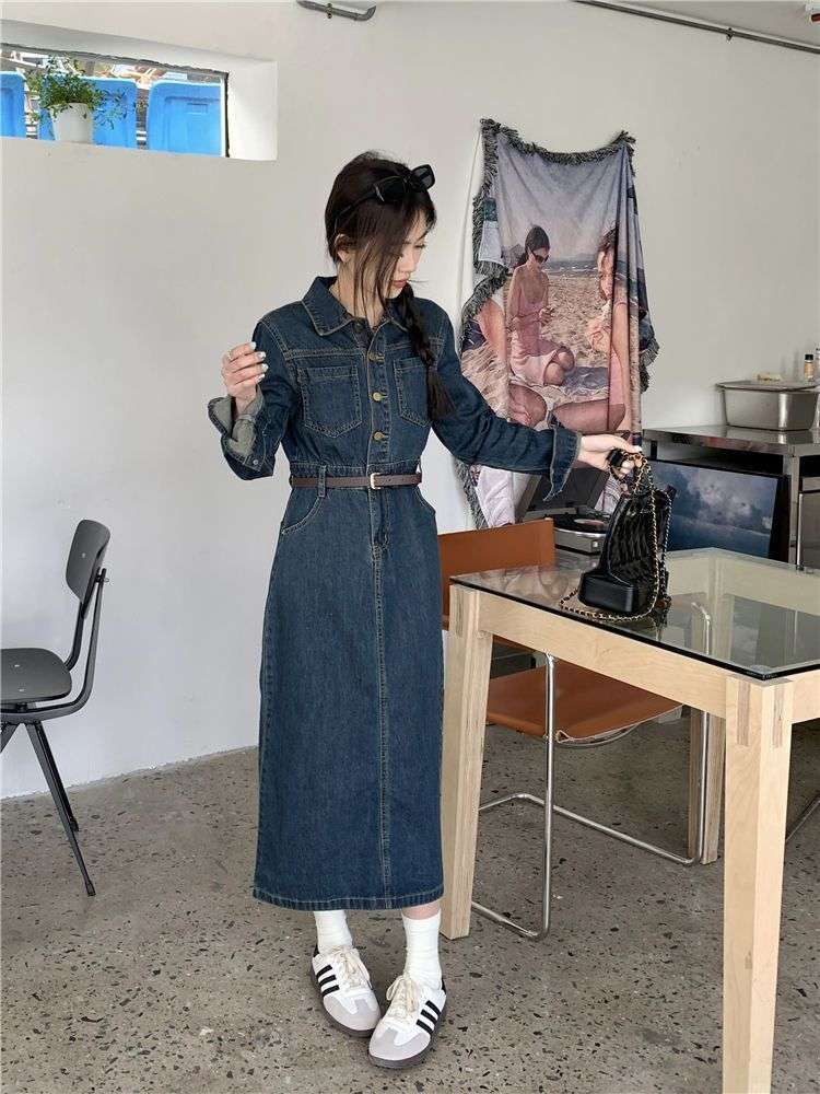 デニム長袖シャツワンピース ロング丈ベルト付き