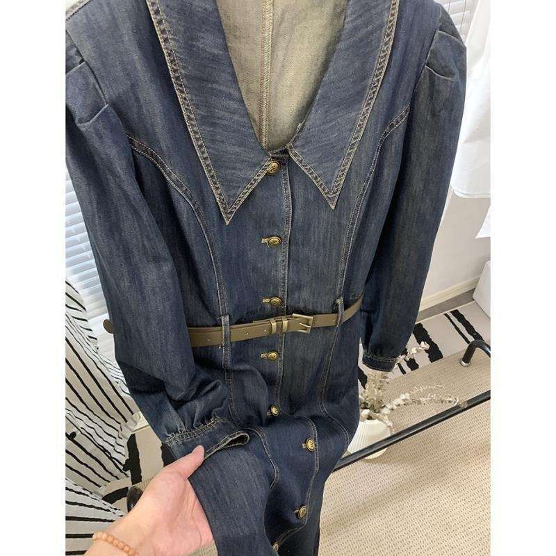 襟付き長袖デニムシャツワンピース