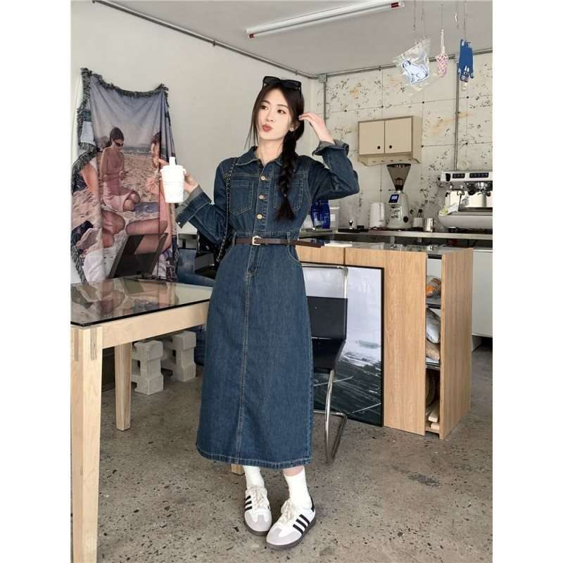 デニム長袖シャツワンピース ロング丈ベルト付き