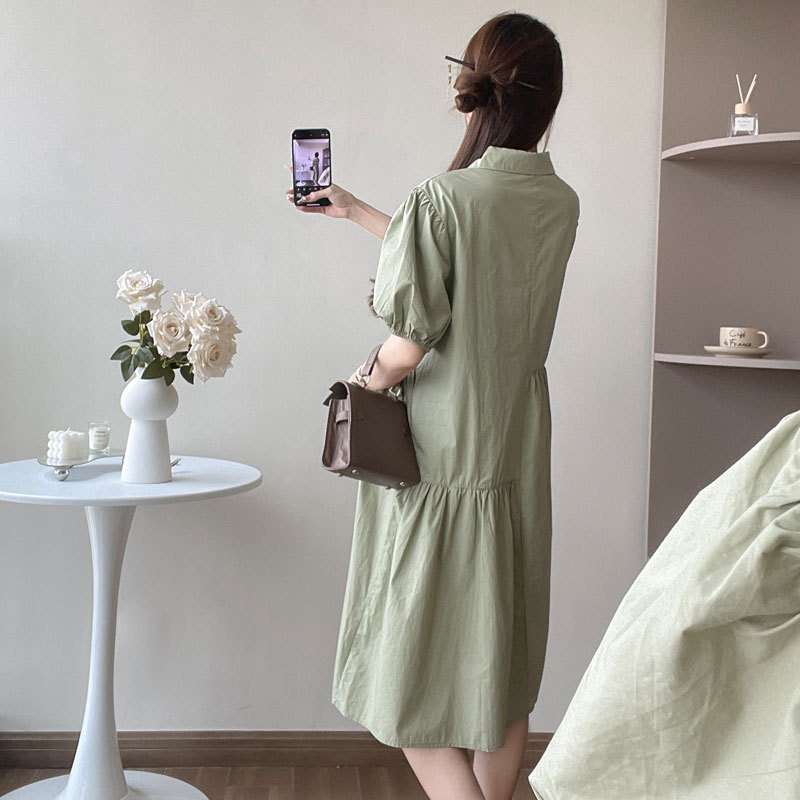 段階切り替えパフスリーブシャツワンピース