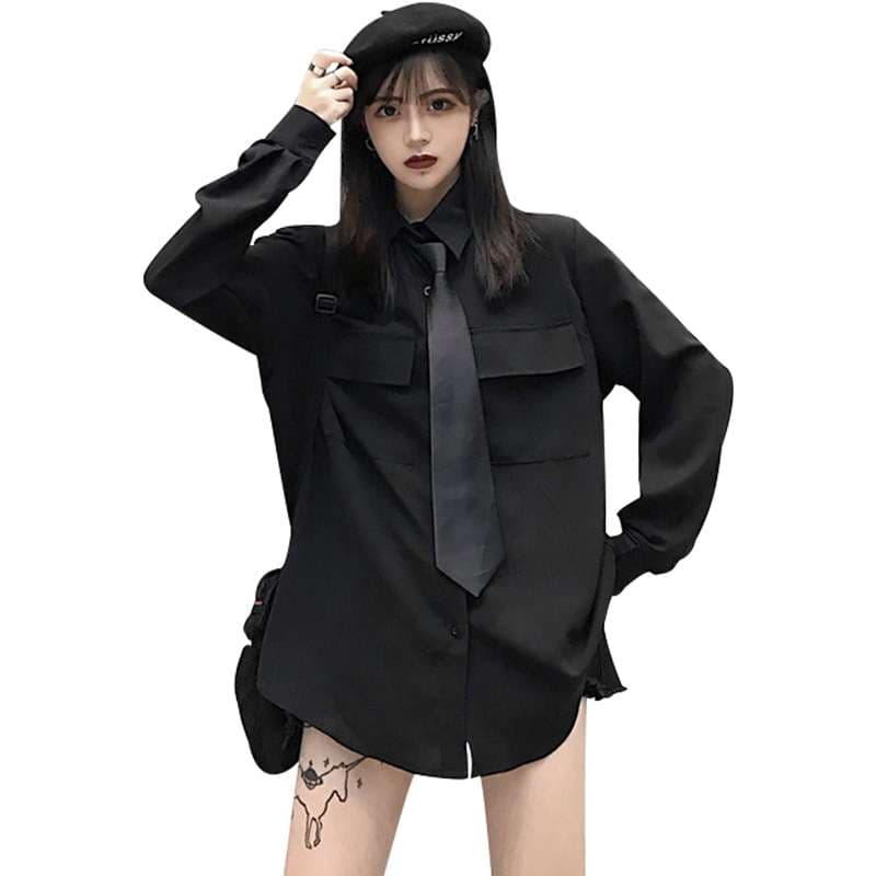 黒ゆったりシルエット長袖シャツワンピース