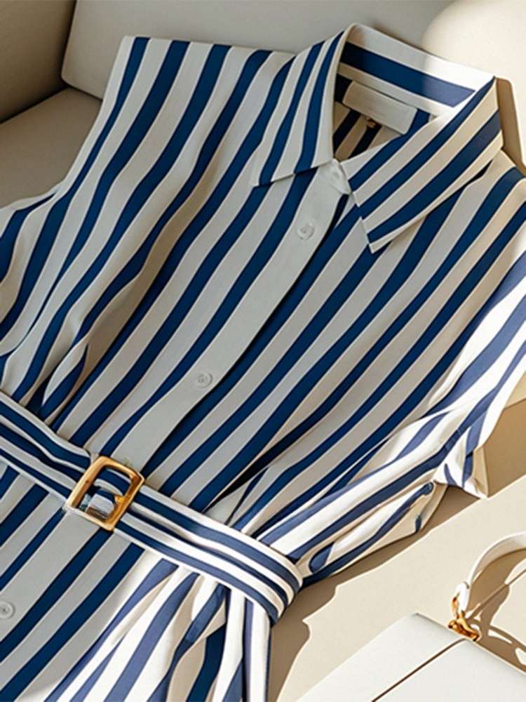 夏の涼しげストライプ柄ベルト付き襟付きシャツワンピース