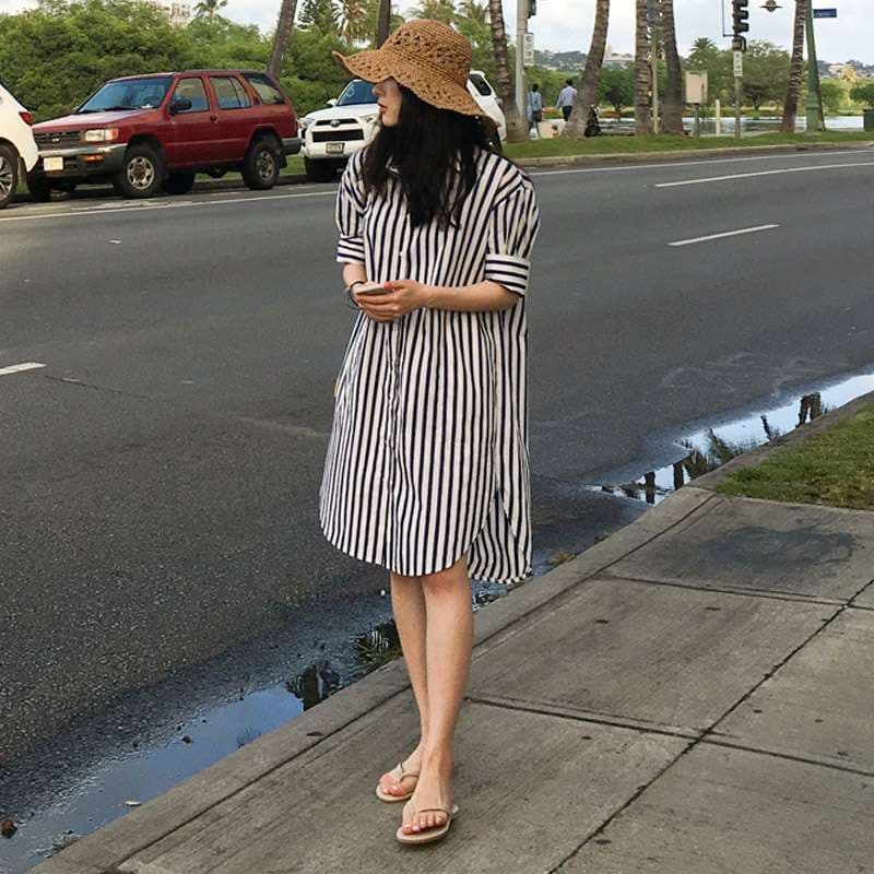 ストライプ柄ゆったりシャツワンピース