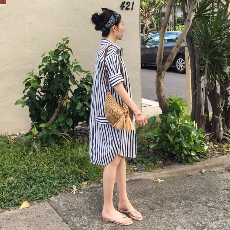 ストライプ柄ゆったりシャツワンピース