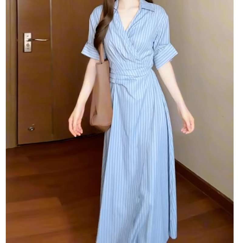 縦縞柄ラップ風シャツワンピース