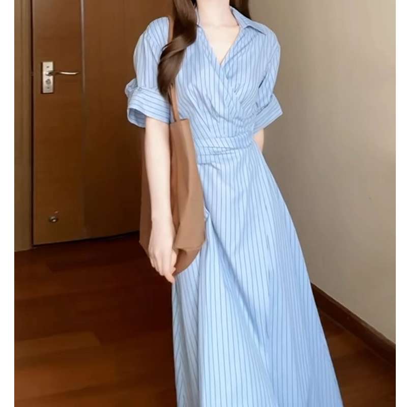 縦縞柄ラップ風シャツワンピース