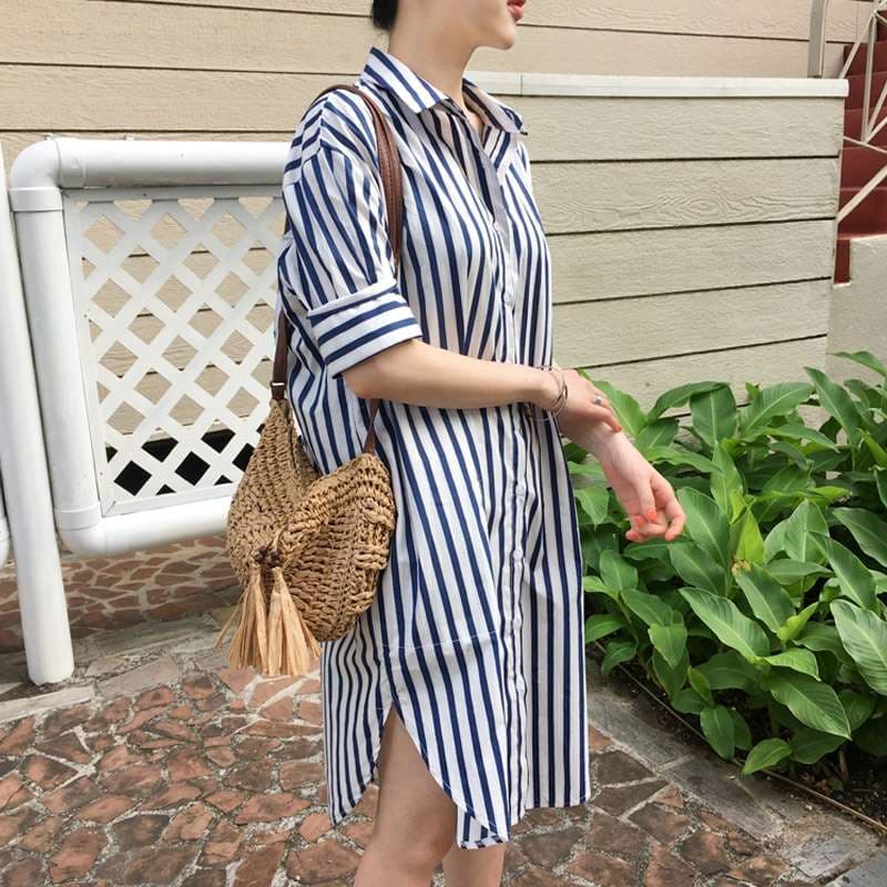 ストライプ柄ゆったりシャツワンピース