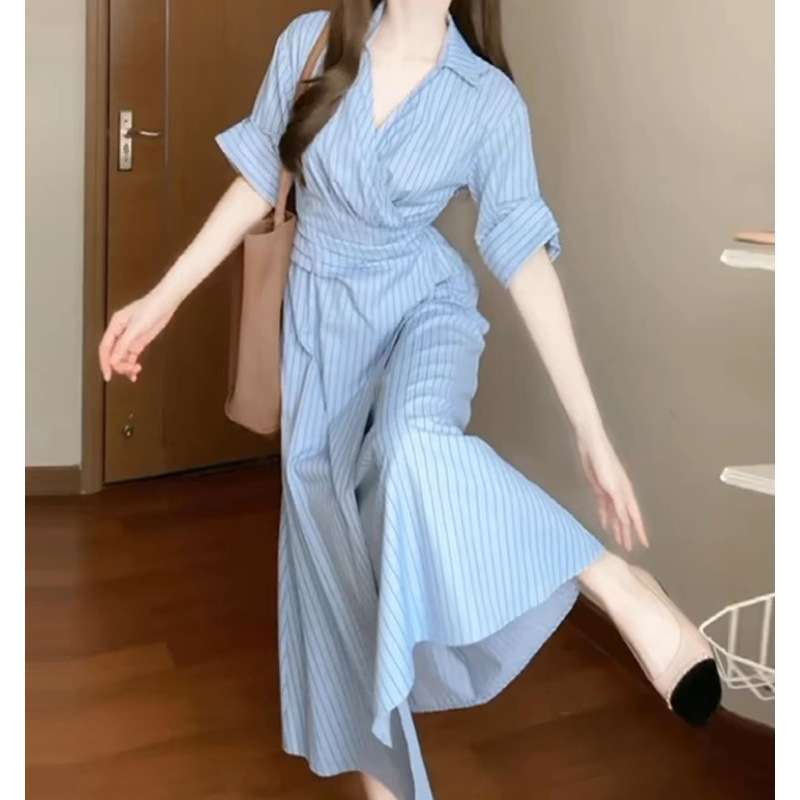 縦縞柄ラップ風シャツワンピース
