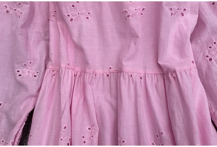 透かし刺繍長袖シャツワンピース レースロングワンピース