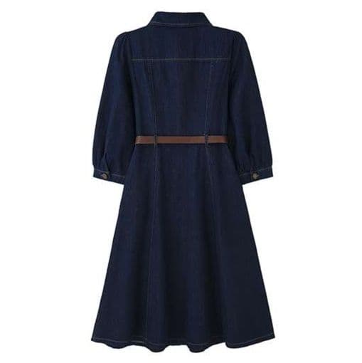 長袖ボタン復古風デニムシャツワンピース