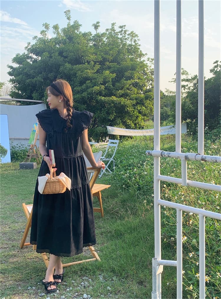 可愛いフリル袖ティアードロングシャツワンピース