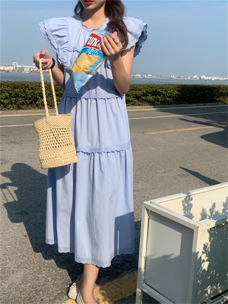 可愛いフリル袖ティアードロングシャツワンピース