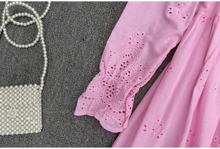 透かし刺繍長袖シャツワンピース レースロングワンピース