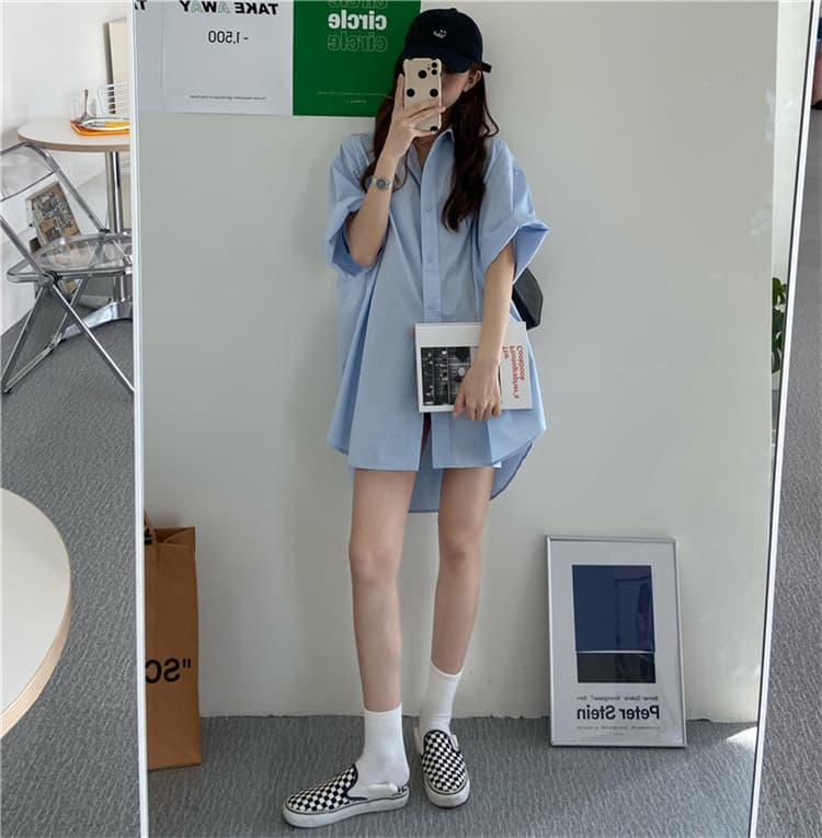 ゆったりスリムシャツワンピース中丈大きいサイズ対応