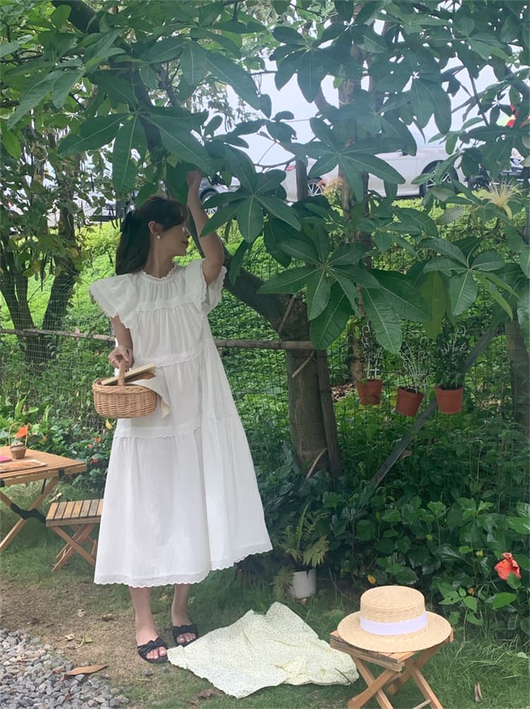 可愛いフリル袖ティアードロングシャツワンピース