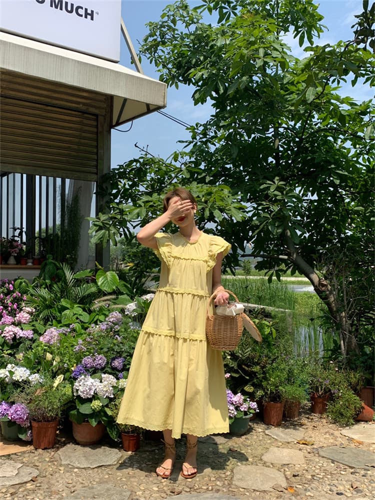 可愛いフリル袖ティアードロングシャツワンピース