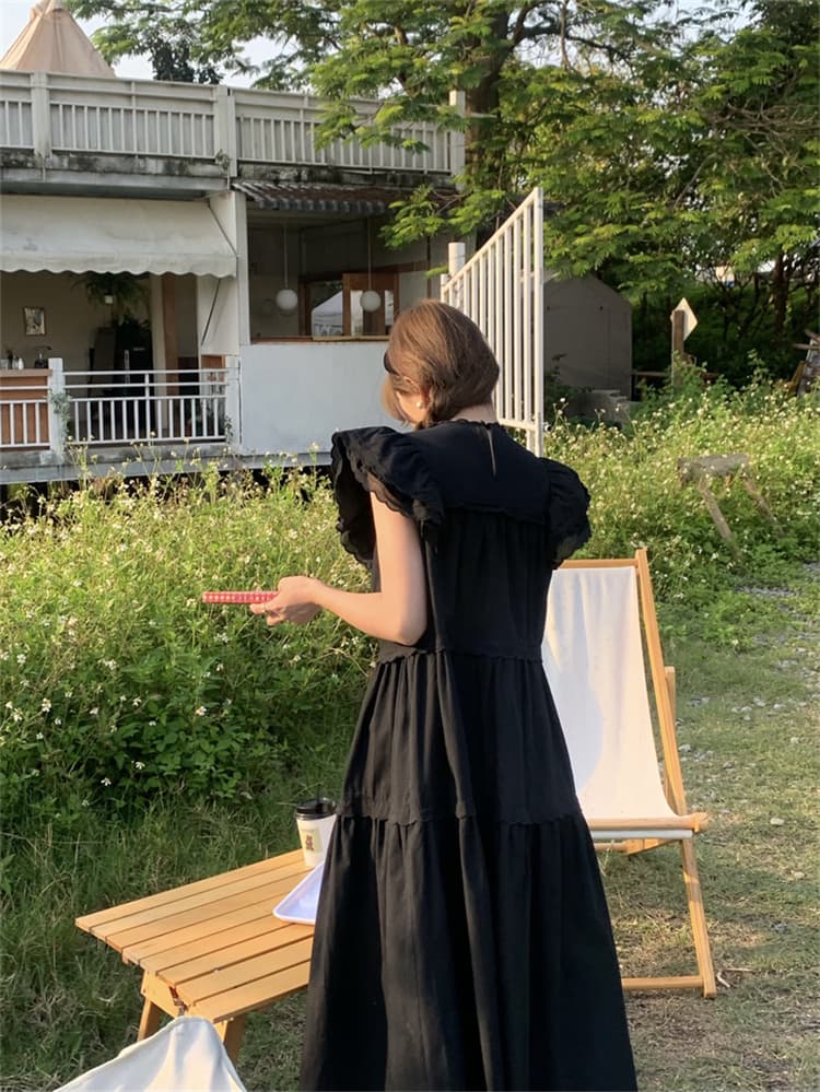 可愛いフリル袖ティアードロングシャツワンピース