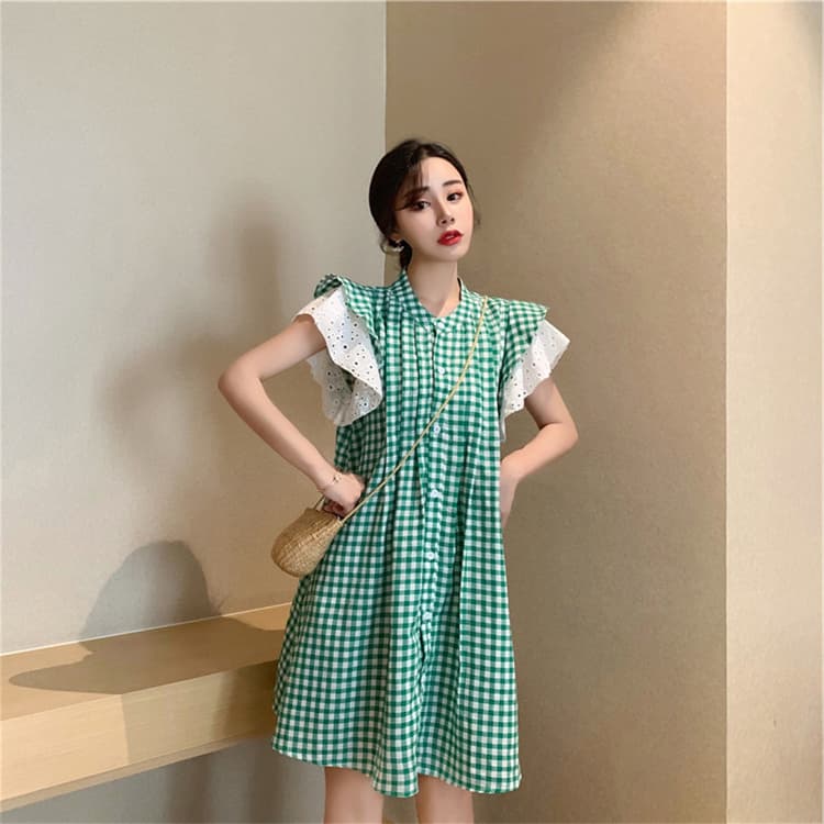 ギンガムチェック柄シャツワンピース ゆったり上品ミニ丈