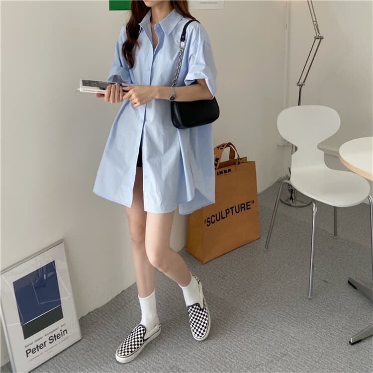 ゆったりスリムシャツワンピース中丈大きいサイズ対応