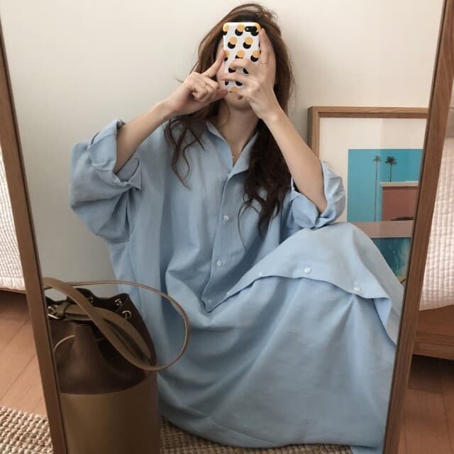 シアー素材シャツワンピース長袖女性用ロング丈