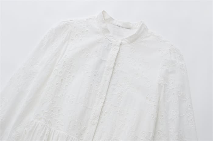 透かし刺繍ロングシャツワンピース長袖