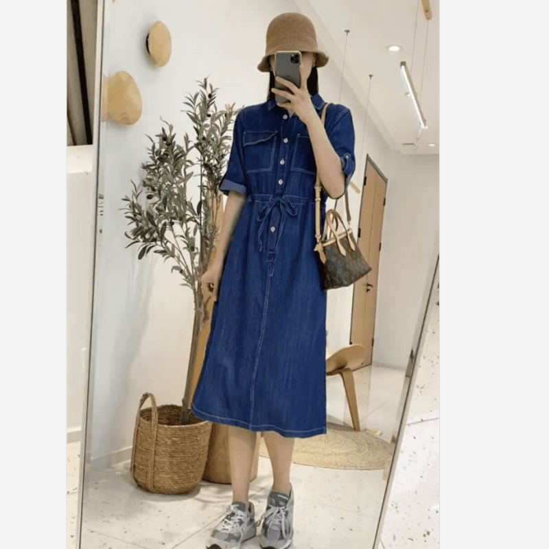 腰紐デニムシャツワンピース ロング丈