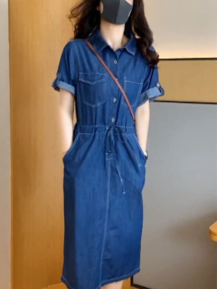腰紐デニムシャツワンピース ロング丈