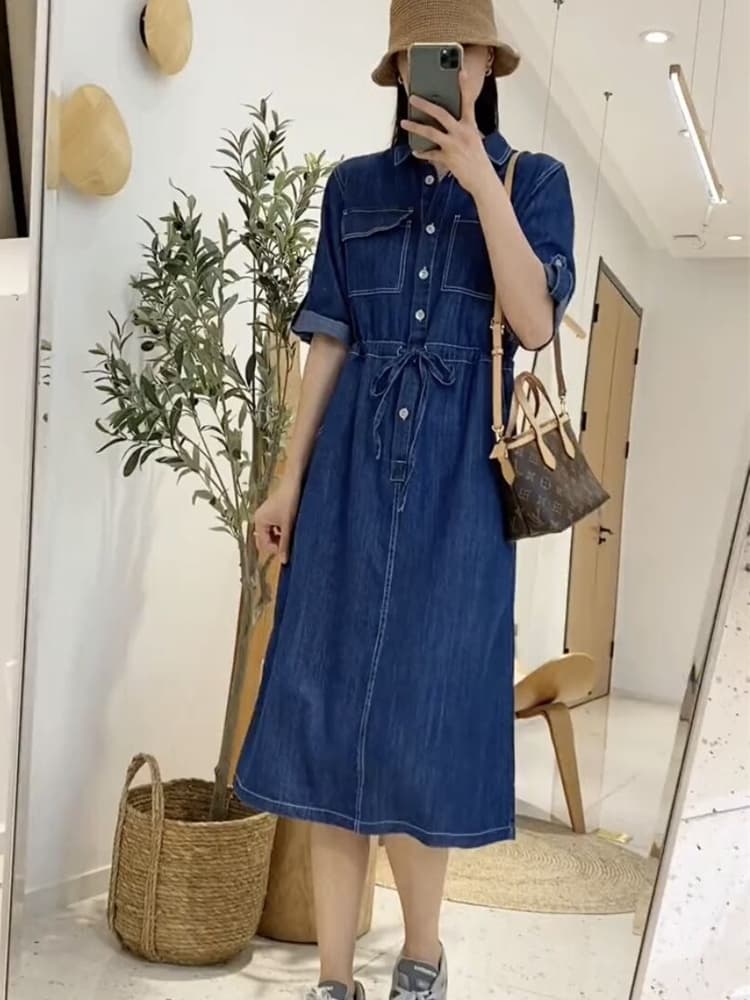 腰紐デニムシャツワンピース ロング丈