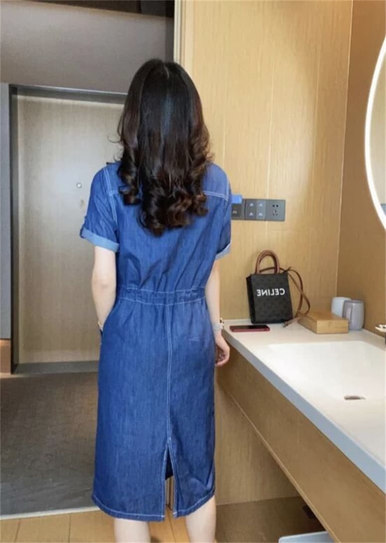 腰紐デニムシャツワンピース ロング丈