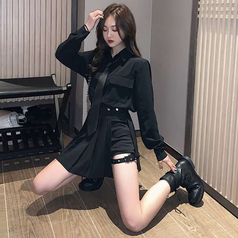 ネクタイ付きオーバーサイズ黒シャツワンピース
