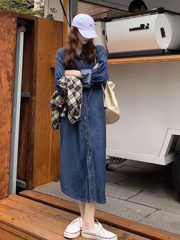 大人可愛い濃紺デニムシャツワンピース