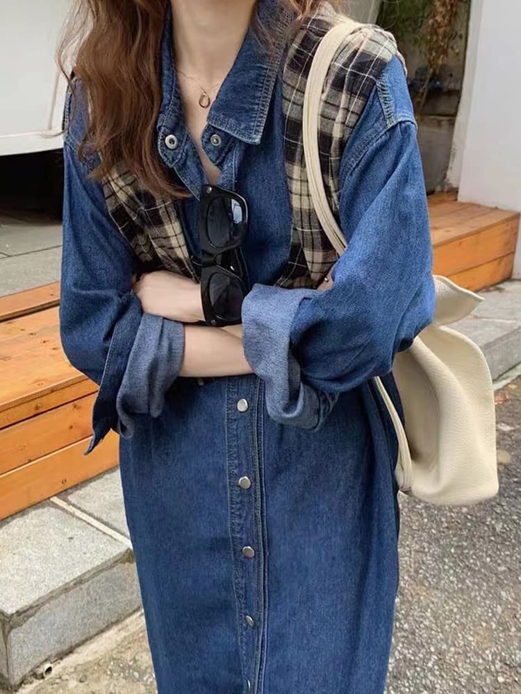 大人可愛い濃紺デニムシャツワンピース