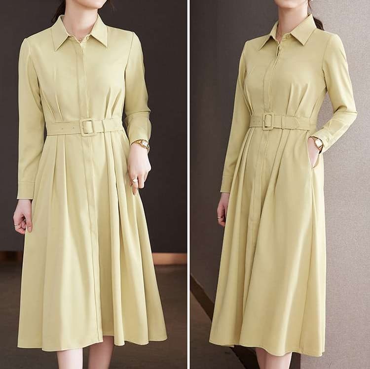 女性用上品な襟付きベルト付きシャツワンピース