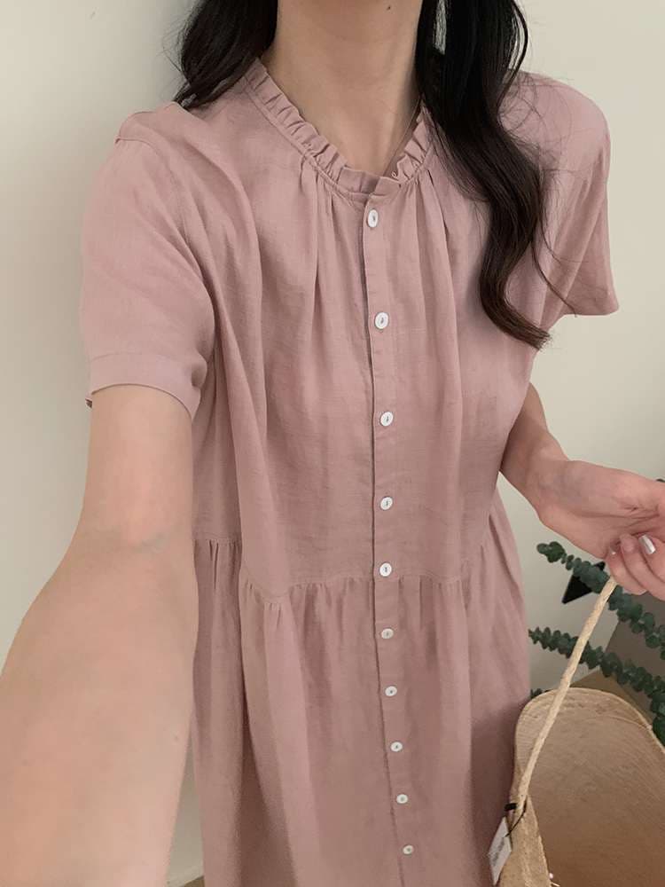 桜色ふんわり軽やか半袖シャツワンピース