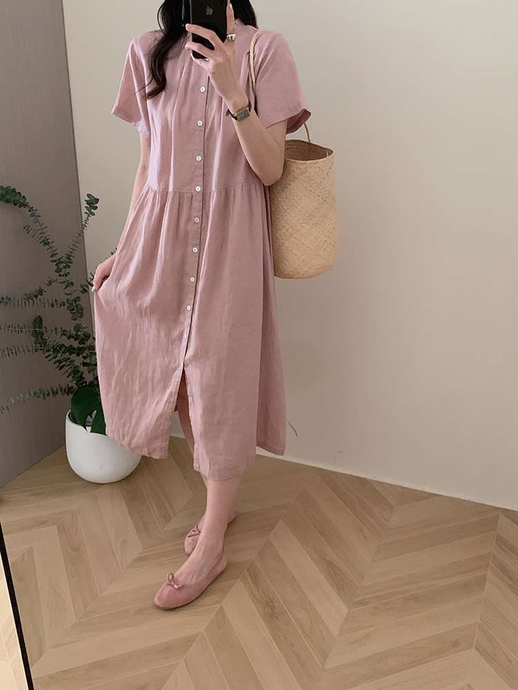 桜色ふんわり軽やか半袖シャツワンピース