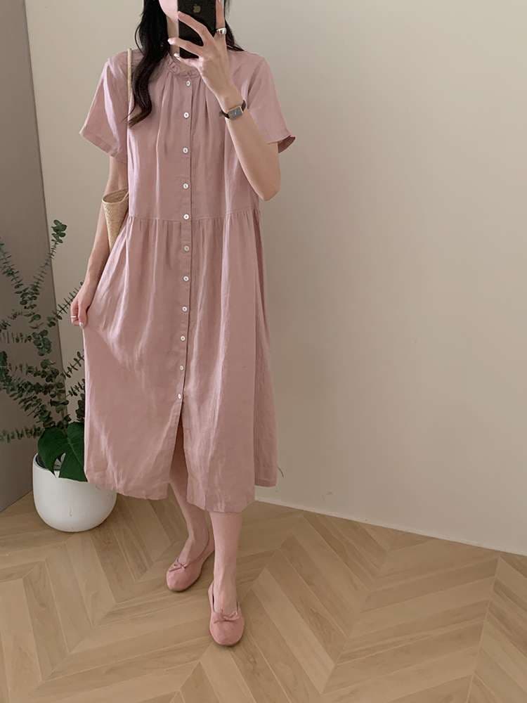 桜色ふんわり軽やか半袖シャツワンピース