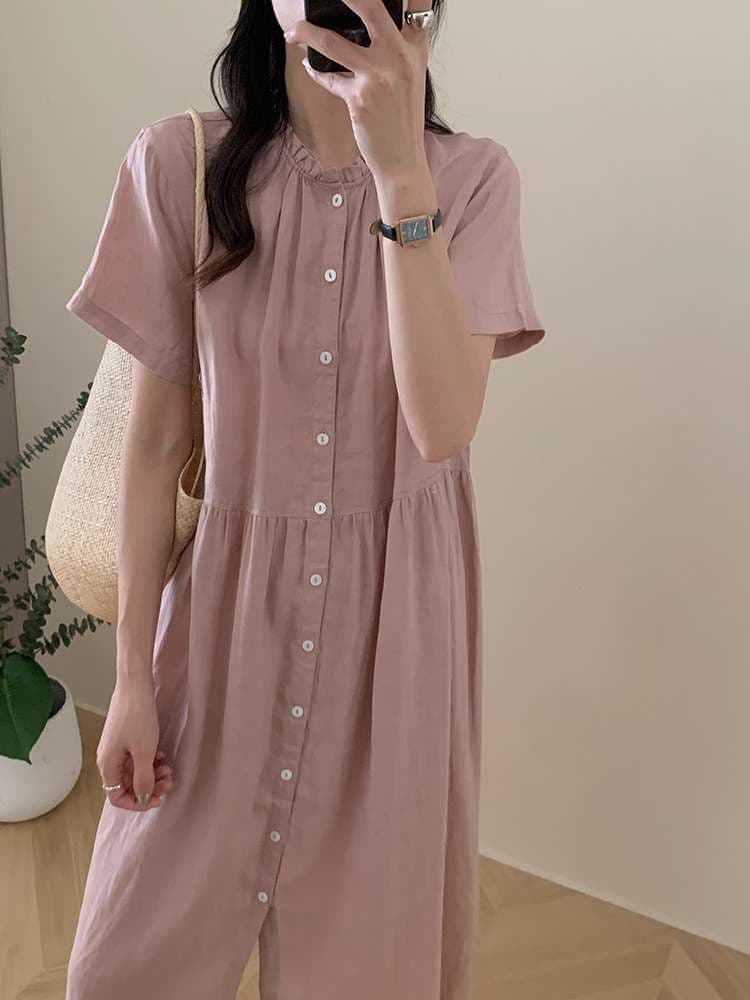 桜色ふんわり軽やか半袖シャツワンピース