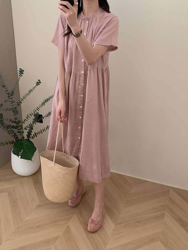桜色ふんわり軽やか半袖シャツワンピース