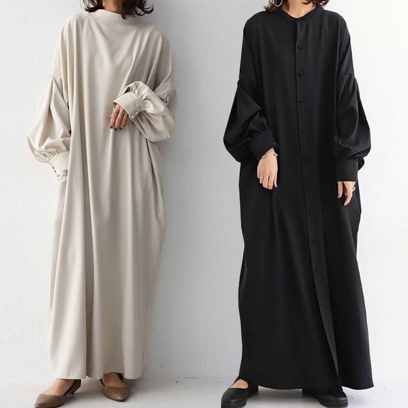 ゆったり袖の上品な長袖シャツワンピース