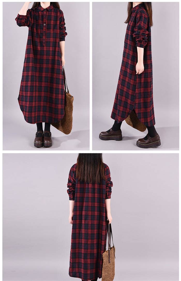 コットンチェック柄シャツワンピース長袖ロング丈