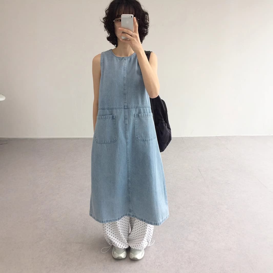 袖なしデニムシャツワンピース体型カバー