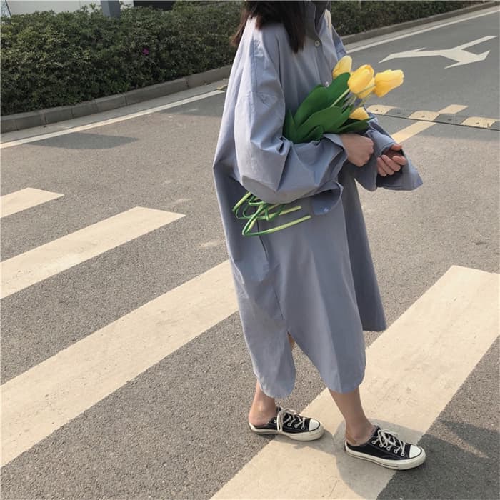 韓国風ゆったりシャツワンピース ラペル襟ミドル丈