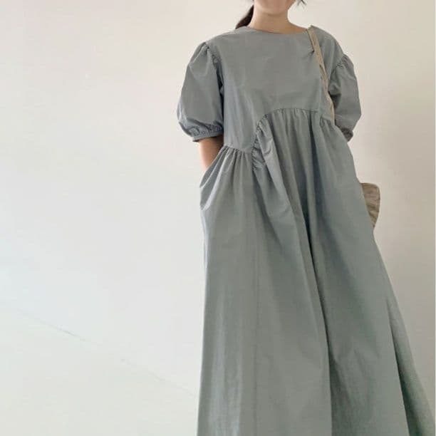 パフスリーブ ロング丈 シャツワンピース 夏 ゆったり