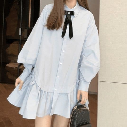 リボン飾り付き裾フリルシャツワンピース
