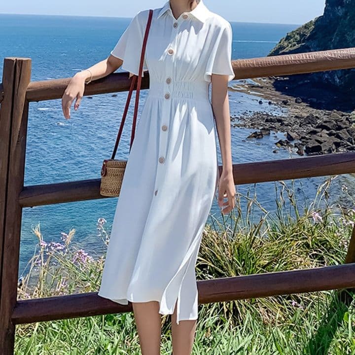 シャツワンピース その他 半袖襟付きボタン前開き膝下丈ワンピース