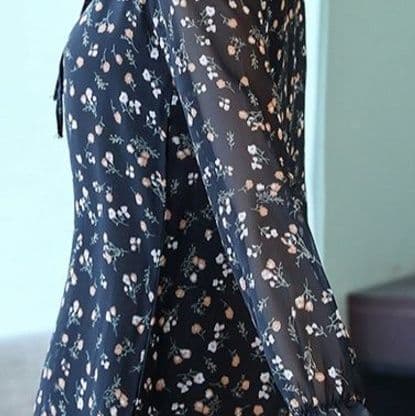 小花柄リボンタイ付きシフォン長袖シャツワンピース