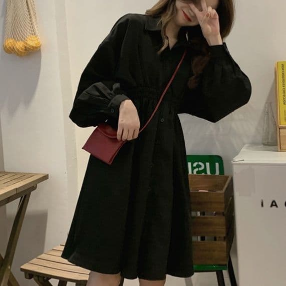 袖ぷっくりウエストギャザー長袖シャツワンピース