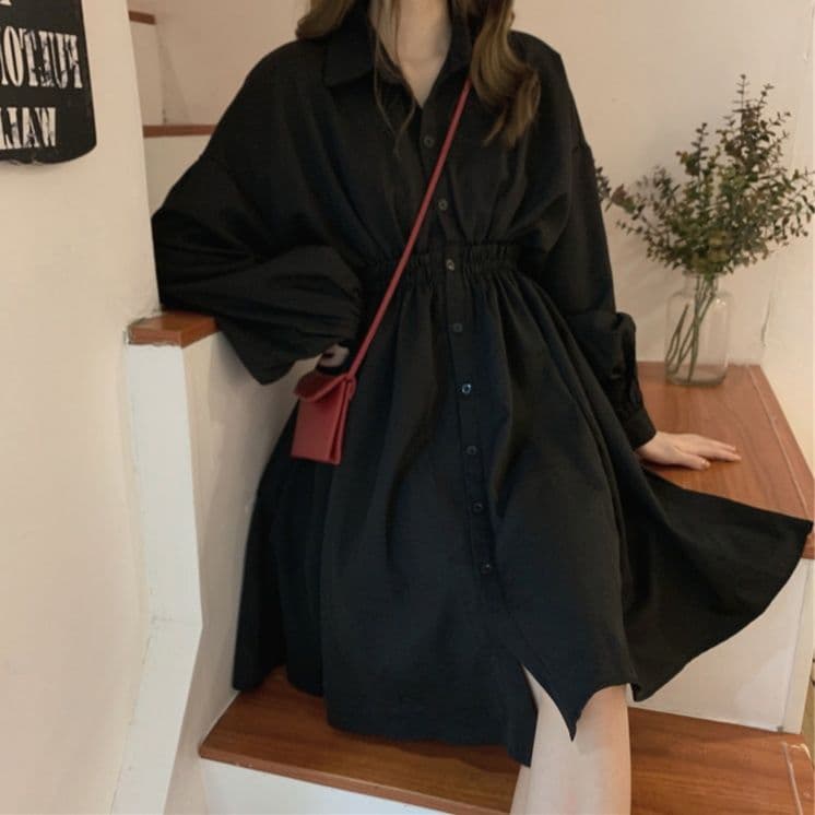 袖ぷっくりウエストギャザー長袖シャツワンピース