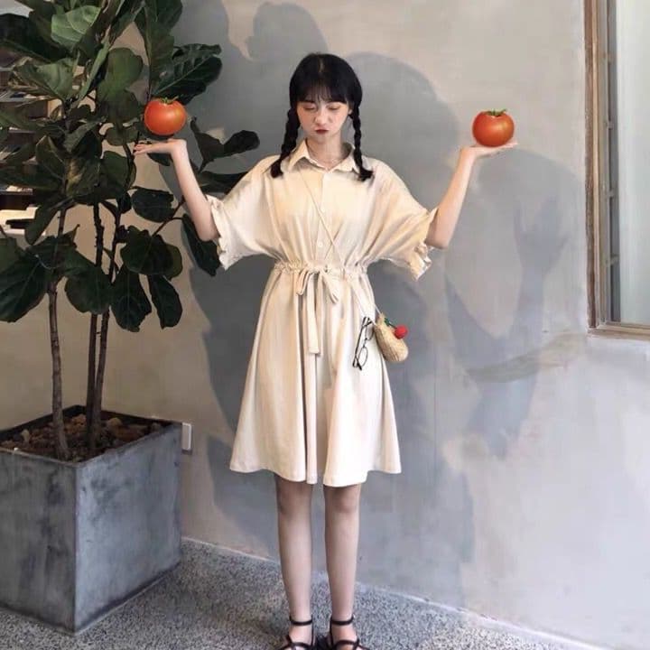 ウエストリボンフレア袖シャツワンピース